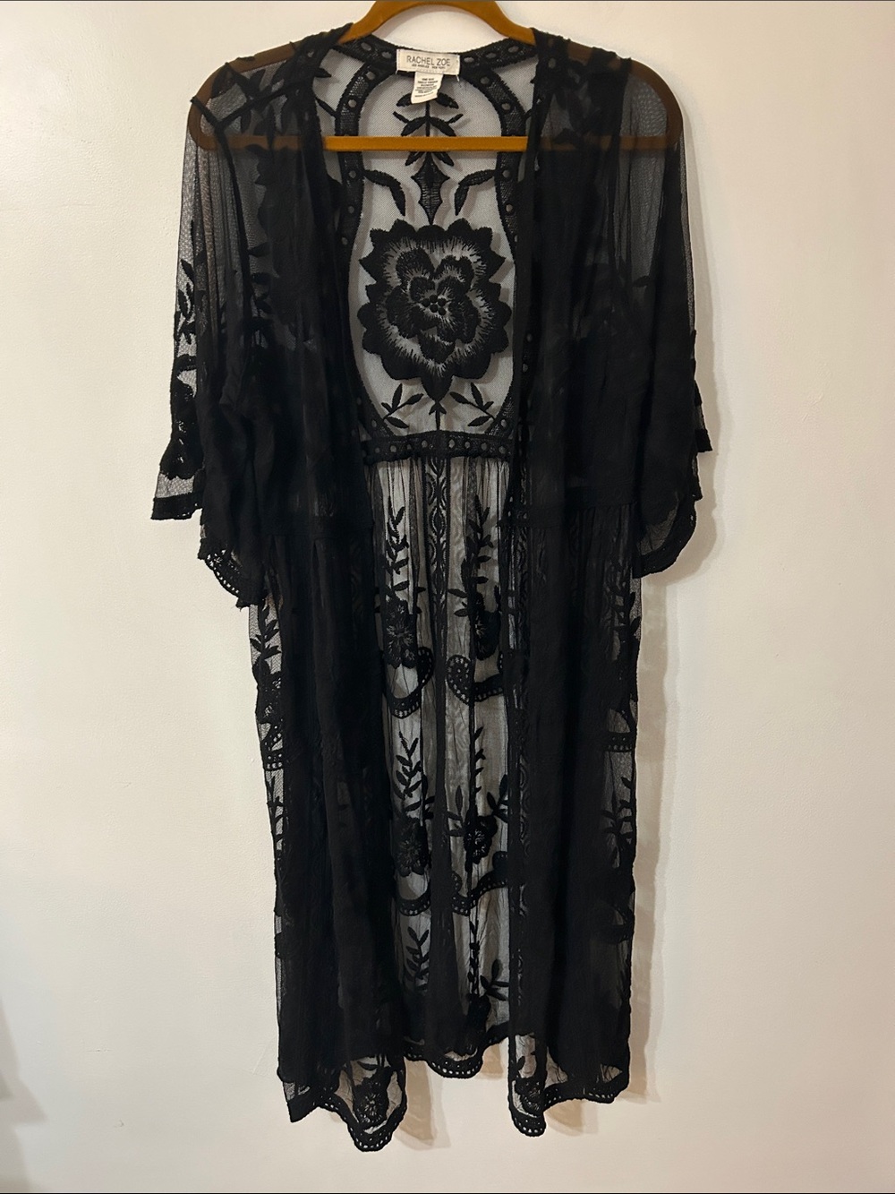 Rachel Zoe Floral Embroidered Kimono Black Sheer Witchy Whimsigoth Long Robe